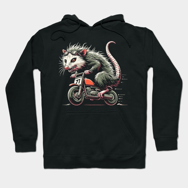 Possum Riding a Minibike Motorcycle Hoodie by Huhnerdieb Apparel